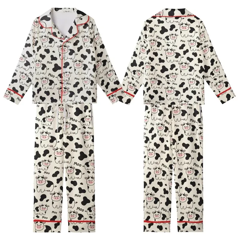 Cute Animal Lovers' Whimsical Off-White Hand-Drawn Cartoon Cow & Moo Pattern with Black Spots & Pink Accents Kid Satin Pajamas Set - 1