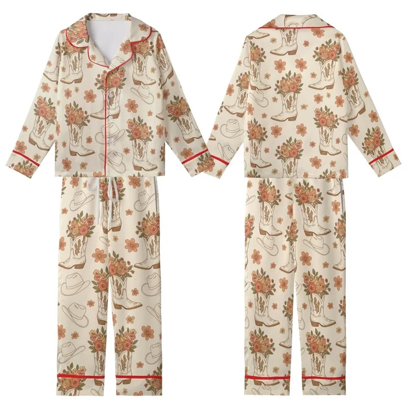Boho Western Lovers' Retro Illustrated Cowboy Boots Wildflowers Peach Coral Olive Green Pattern Kid Satin Pajamas Set - 1