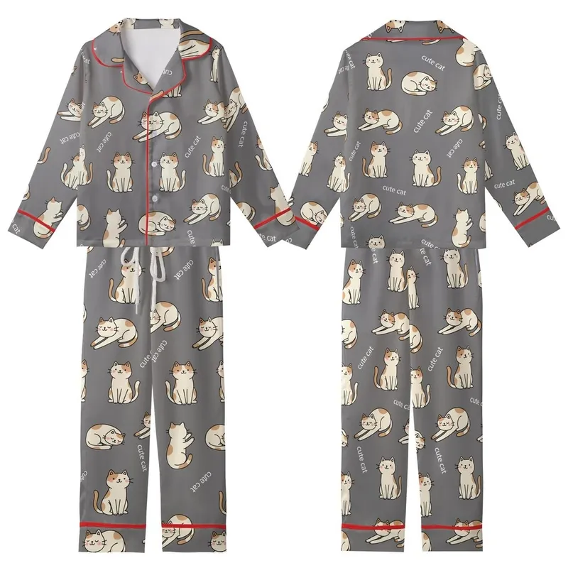 Whimsical Cat Enthusiasts' Playful Sitting Stretching Cartoon Cats & 'Cute Cat' Text Seamless Tan White Grey Pattern Kid Satin Pajamas Set - 1