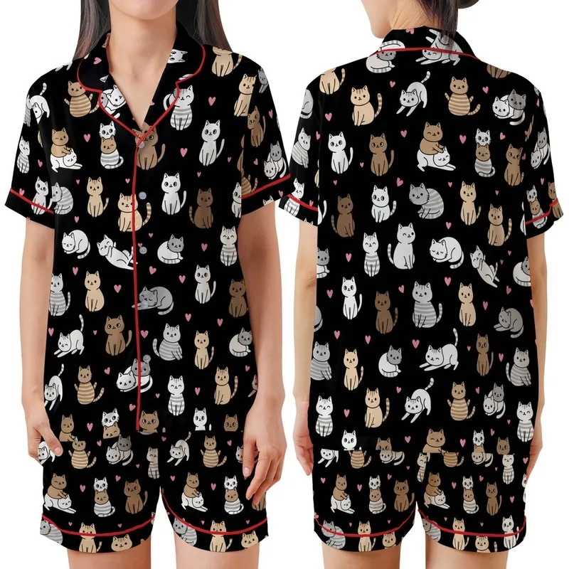 Kawaii Style Enthusiasts' Playful Hand-Drawn Cartoon Cats, Pink Hearts, White Grey Brown Peach on Black Satin Short-Sleeve Pajamas Set - 1