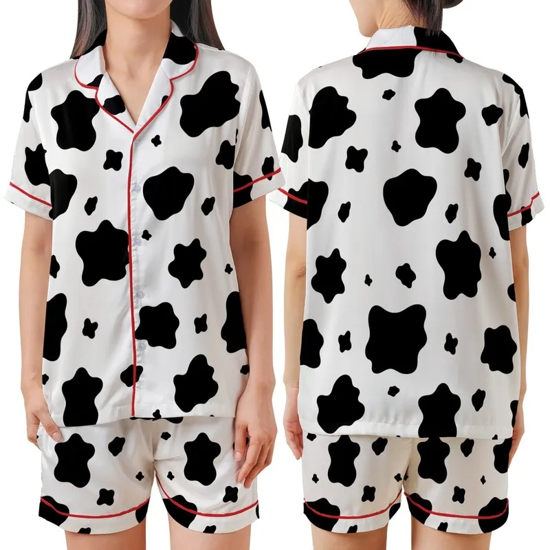 Modern Trendsetters' Bold High-Contrast Jet Black Organic Cowhide Spot Pattern Satin Short-Sleeve Pajamas Set - 1