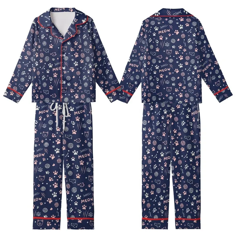 Cat Lovers' Whimsical Navy Blue Cat Pattern with Pastel Paws, Meow Typography, and Playful Cat Faces Kid Satin Pajamas Set - 1