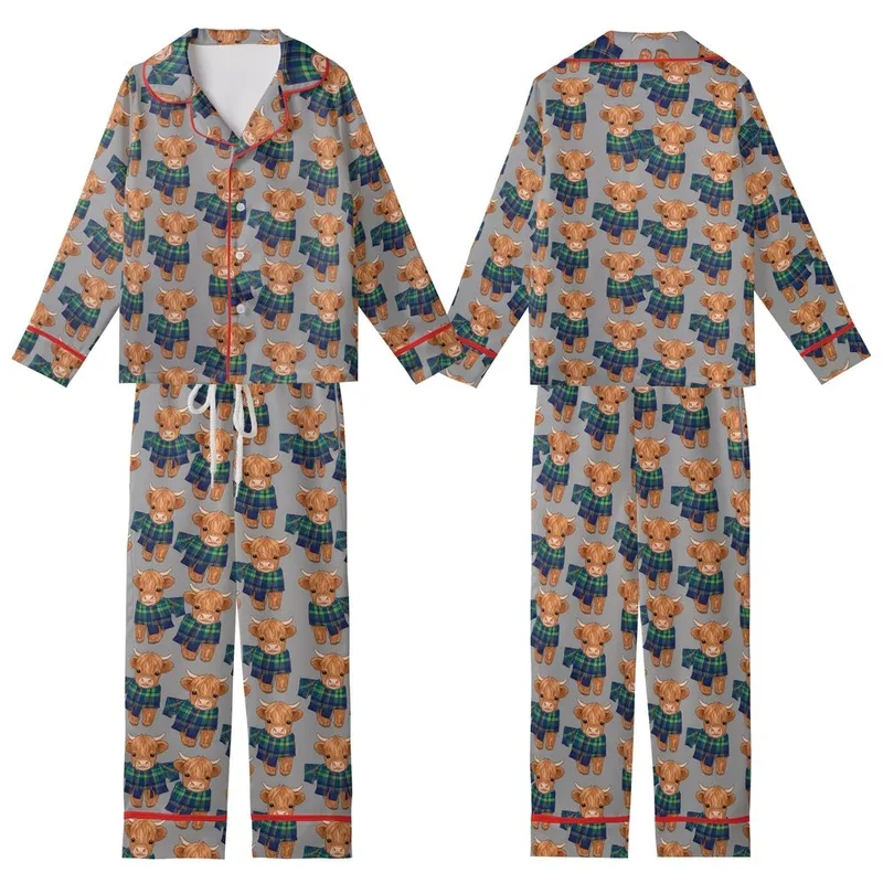 Cute Animal Lovers Adorable Fluffy Baby Highland Cow Vibrant Plaid Scarf Heather Grey Pattern Kid Satin Pajamas Set - 1