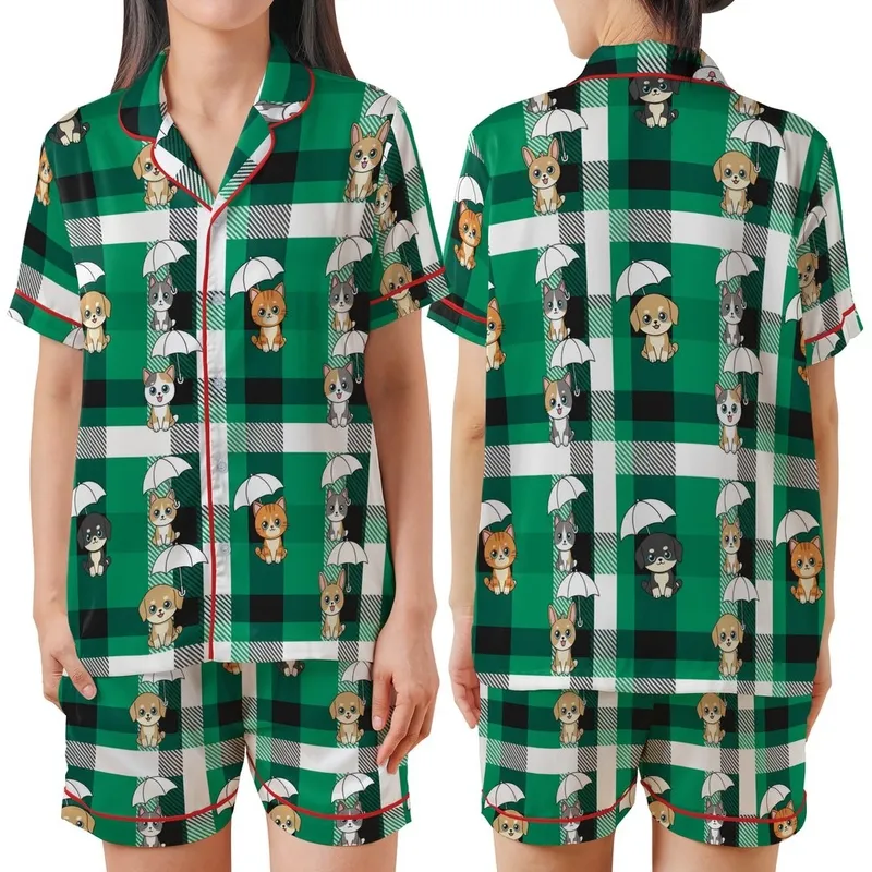 Cute Animal Lovers' Vibrant Green Black Plaid Chibi Cats Dogs Rabbits Umbrella Design Satin Short-Sleeve Pajamas Set - 1