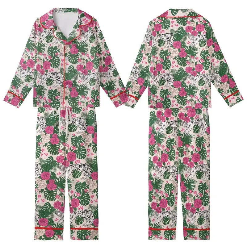 Women's Soft Pink Illustrative White Tiger Hot Pink Rose Deep Green Leaf Pattern Kid Satin Pajamas Set - 1