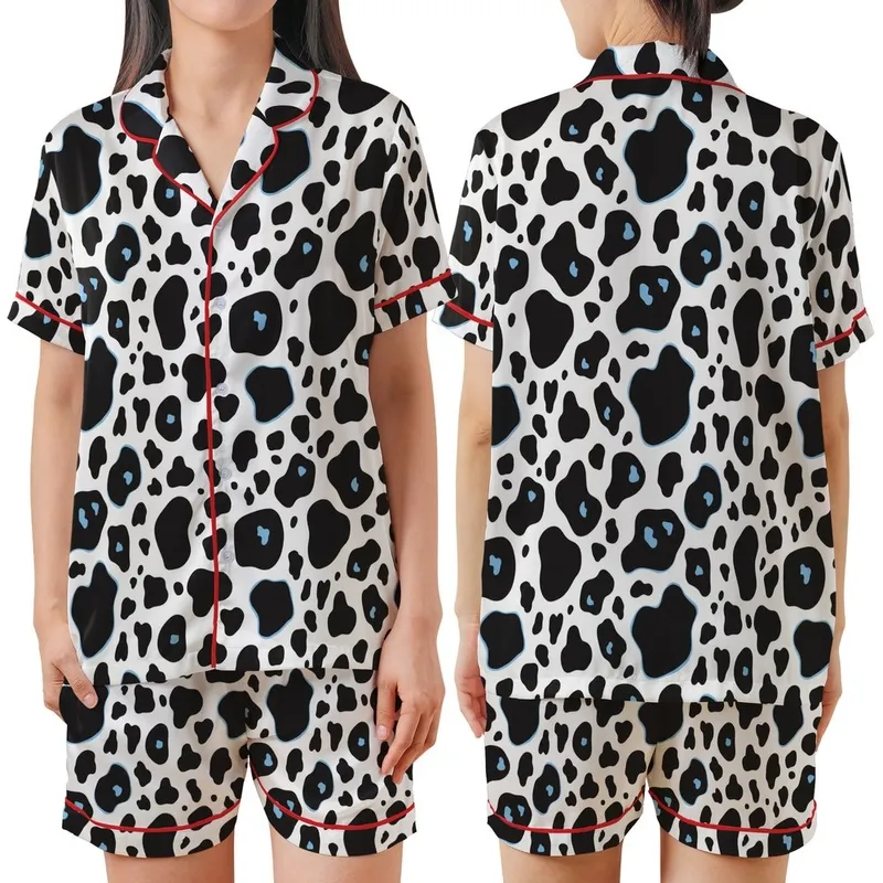 Animal Print Lovers' Bold Black White Organic Cow Pattern with Subtle Light Blue Accents Satin Short-Sleeve Pajamas Set - 1