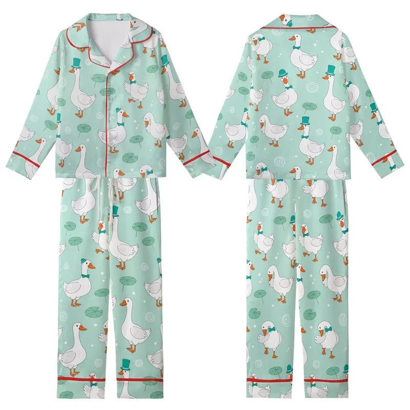 Whimsical Animal Lovers' Aqua Mint Green Geese Pattern with Teal Hats, Bow Ties, Orange Beaks Kid Satin Pajamas Set - 1