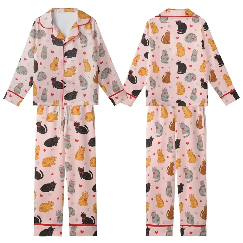 Cat Lovers' Charming Light Pink Feline Pattern Diverse Cats Red Hearts & Taupe Paw Prints Kid Satin Pajamas Set - 1