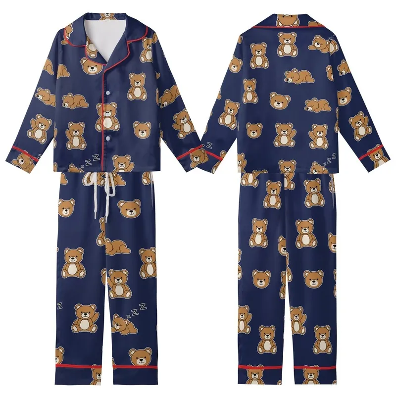 Bear Lovers' Warm Caramel Teddy Bear Pattern, Smiling Waving Sleeping Bears, Deep Navy Blue Kid Satin Pajamas Set - 1