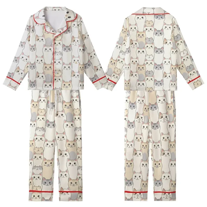 Cat Lovers' Playful Hand-Drawn Cartoon Cat Faces Seamless All-Over Pattern Off-White Gray Tan Pink Kid Satin Pajamas Set - 1
