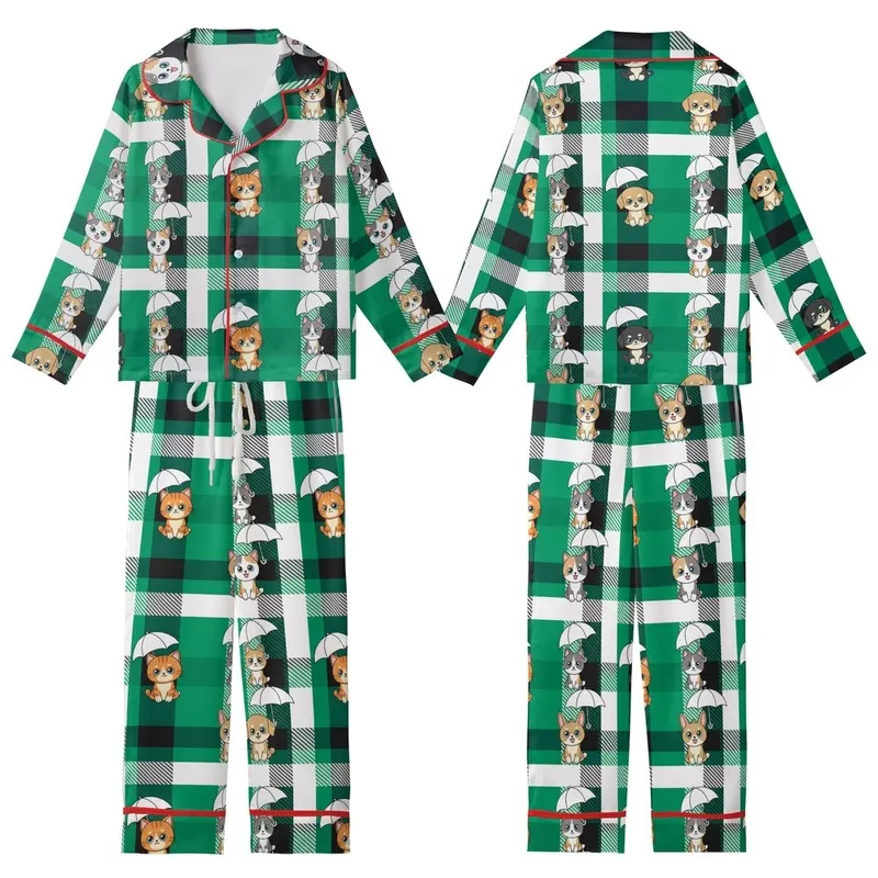 Cute Animal Lovers' Vibrant Green Black Plaid Chibi Cats Dogs Rabbits Umbrella Design Kid Satin Pajamas Set - 1