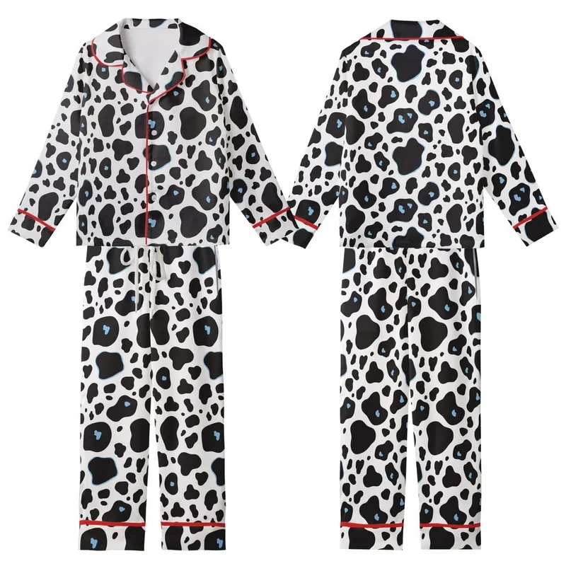 Animal Print Lovers' Bold Black White Organic Cow Pattern with Subtle Light Blue Accents Kid Satin Pajamas Set - 1