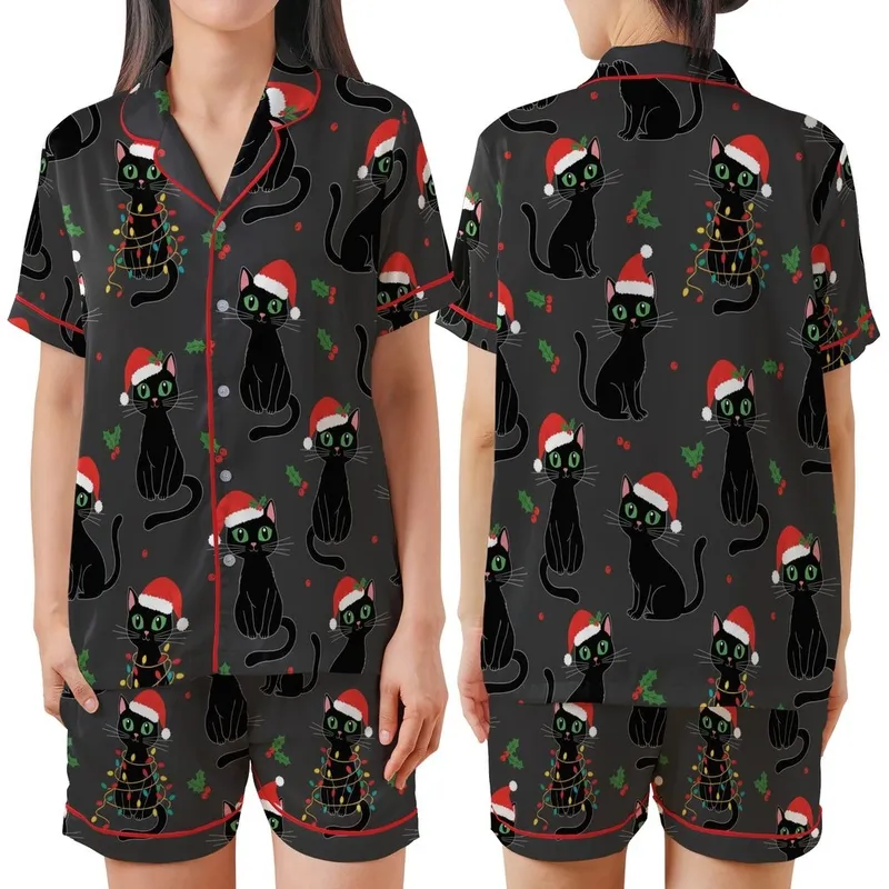 Cat Lovers' Playful Black Cat Holiday Pattern with Green-Eyed Felines, Red Santa Hats & Multi-Color String Lights Satin Short-Sleeve Pajamas Set - 1