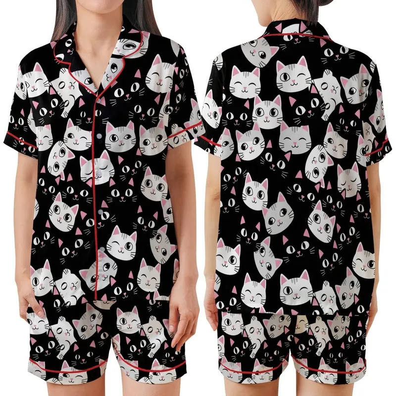 Cat Lovers' Expressive Cartoon Cat Faces Black White Gray Repeat Pattern Pink Accents Satin Short-Sleeve Pajamas Set - 1