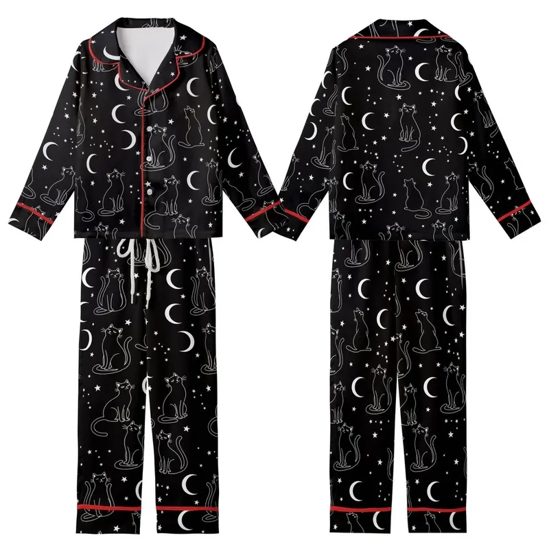 Cat Lovers' Minimalist Black White Outline Celestial Cat Moon Star Pattern Kid Satin Pajamas Set - 1