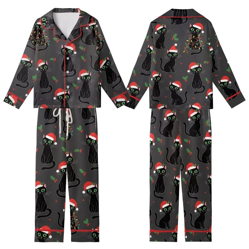 Cat Lovers' Playful Black Cat Holiday Pattern with Green-Eyed Felines, Red Santa Hats & Multi-Color String Lights Kid Satin Pajamas Set - 1