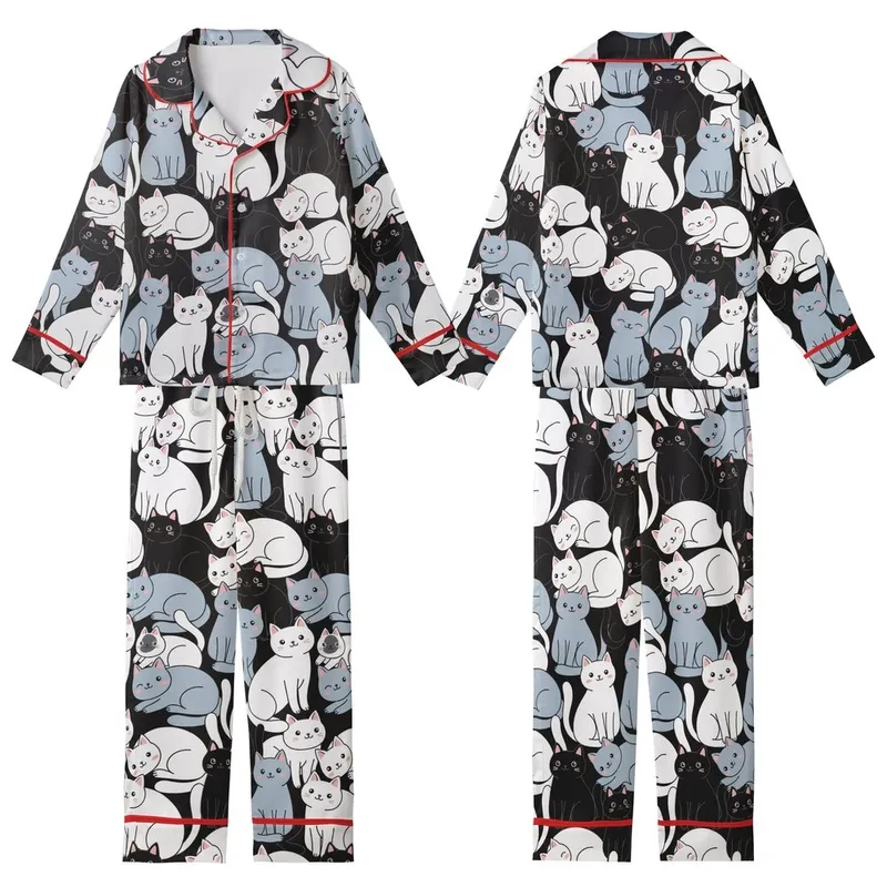 Cat Lovers' Illustrative Whimsical White Blue-Grey Black Tuxedo Cats Seamless All-Over Pattern on Black Kid Satin Pajamas Set - 1
