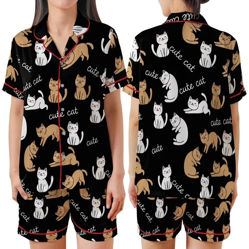 Cat Lovers' Adorable Seamless All-Over Black Background Whimsical White Tan Cartoon Cats & 'Cute Cat' Script Pattern Satin Short-Sleeve Pajamas Set - 1