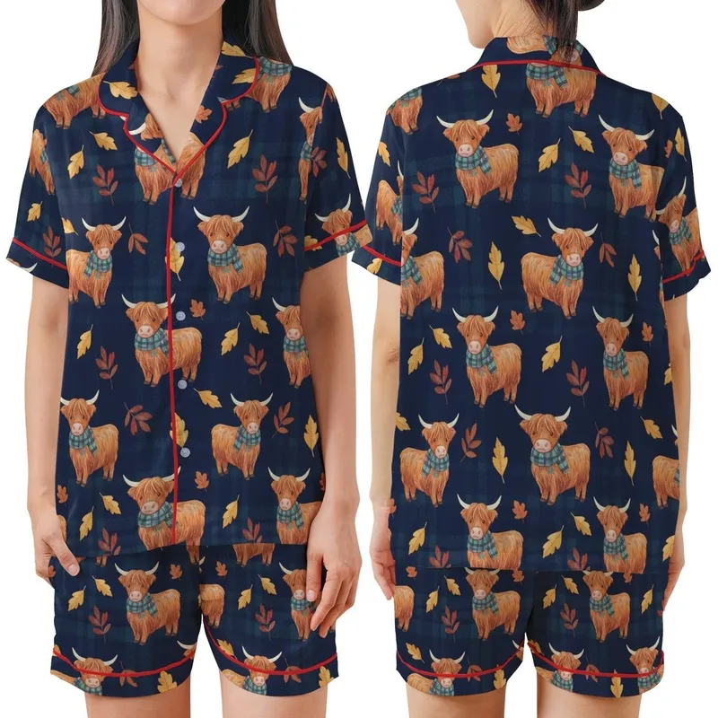 Highland Cow Lovers' Charming Watercolor Fluffy Autumn Plaid Farm Animal Pattern on Deep Navy Satin Short-Sleeve Pajamas Set - 1