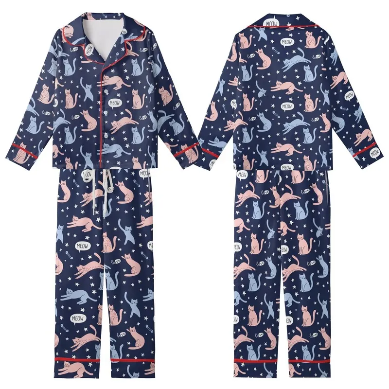 Cat Lovers' Whimsical Flat Graphic Cats Pattern in Light Pink Periwinkle, Deep Navy Blue Background, White Stars MEOW Love Kid Satin Pajamas Set - 1