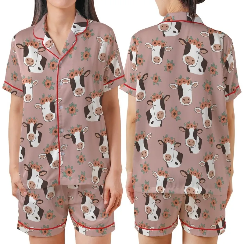 Cow Lovers' Whimsical Illustrative Holstein Cow Faces & Muted Floral Pattern on Soft Dusty Rose Satin Short-Sleeve Pajamas Set - 1