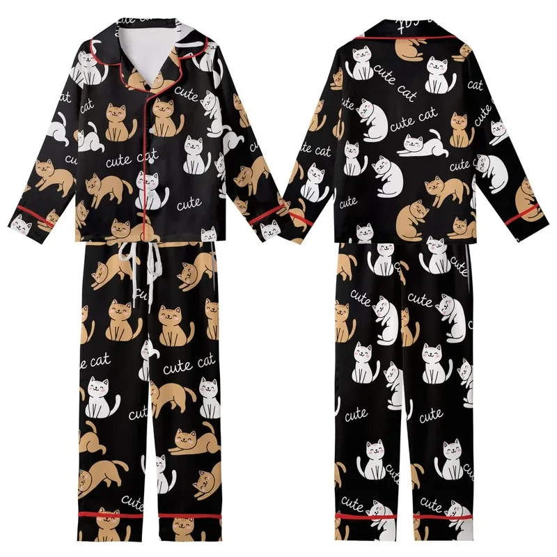 Cat Lovers' Adorable Seamless All-Over Black Background Whimsical White Tan Cartoon Cats & 'Cute Cat' Script Pattern Kid Satin Pajamas Set - 1