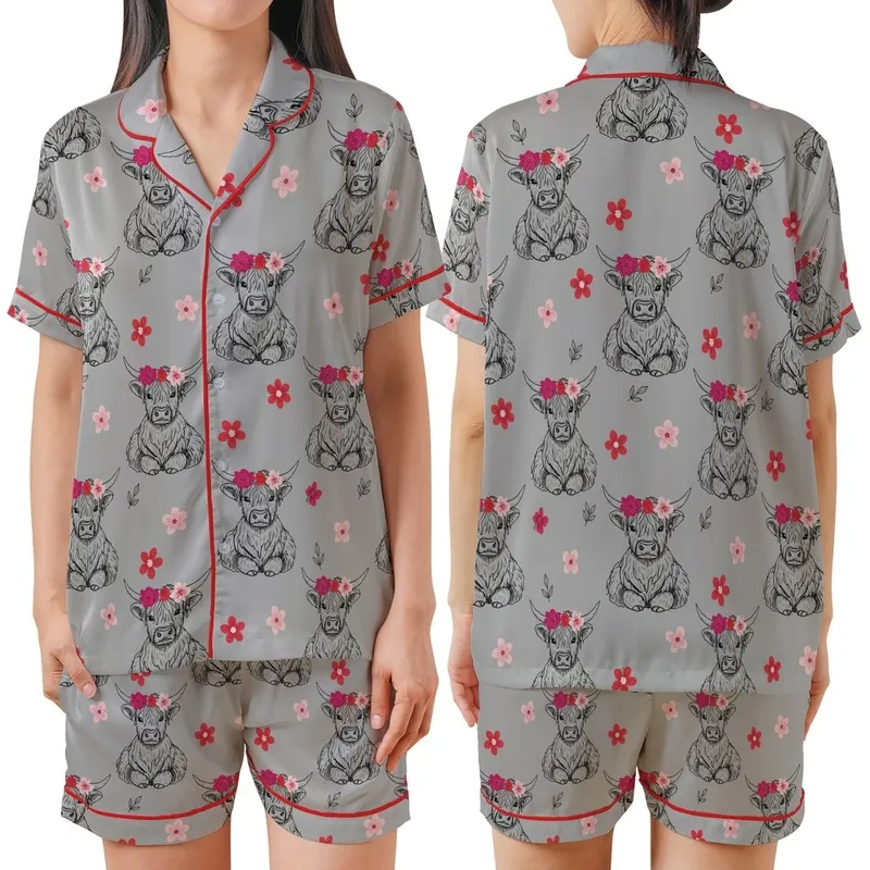 Whimsical Animal Lovers' Heather Grey Hand-Drawn Fluffy Highland Cow Flower Crown Fuchsia Pink Red Pattern Satin Short-Sleeve Pajamas Set - 1