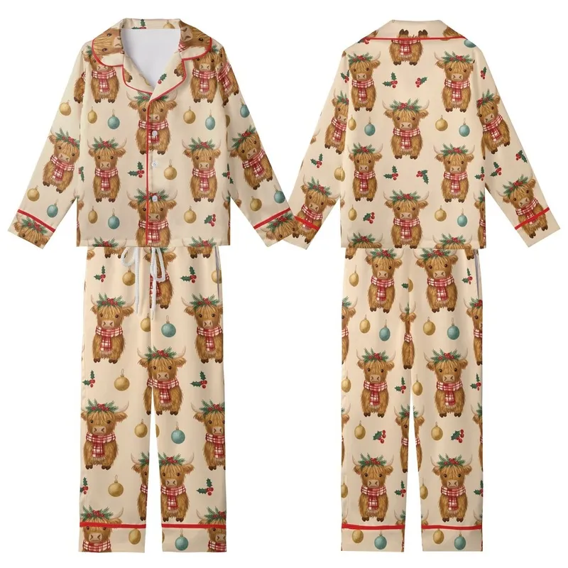 Festive Animal Lovers' Cozy Painterly Brown Golden Highland Cow Christmas Wreath Red Plaid Pattern Kid Satin Pajamas Set - 1