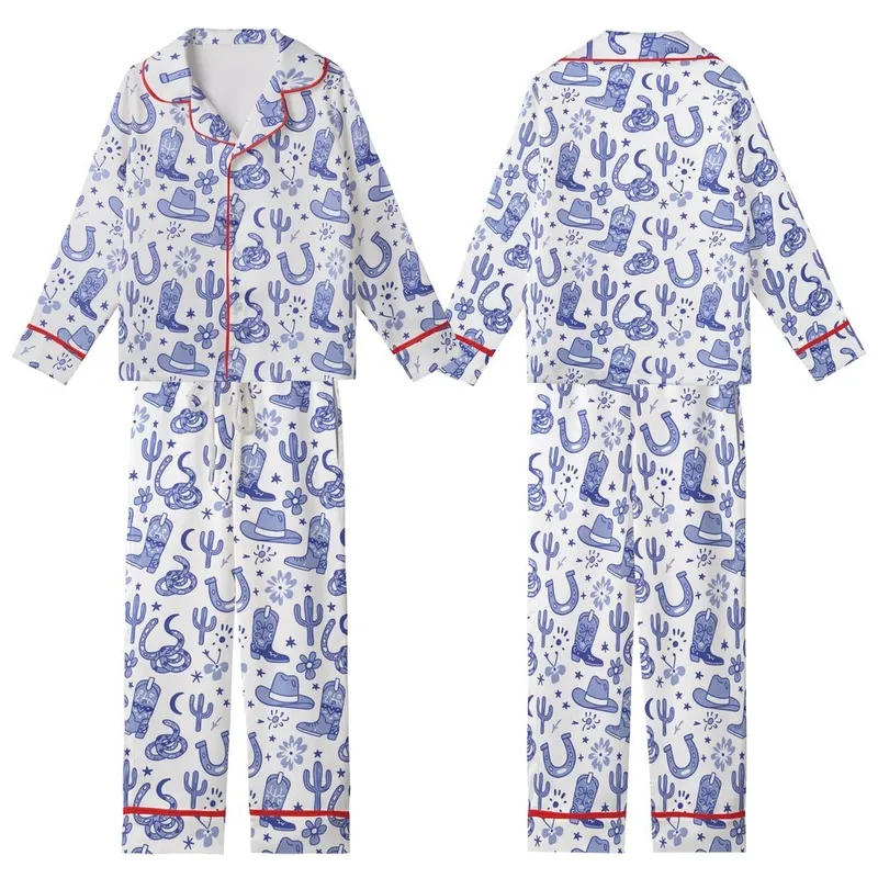 Western Enthusiasts' Illustrative Dusty Periwinkle Cobalt Blue Cowboy Boot Hat Cactus Rattlesnake Pattern Kid Satin Pajamas Set - 1