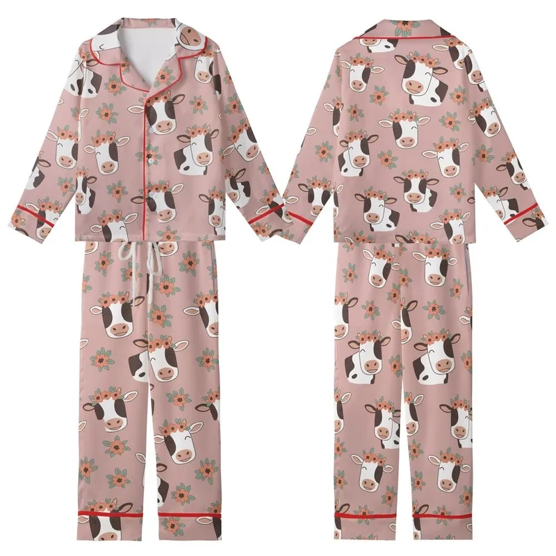 Cow Lovers' Whimsical Illustrative Holstein Cow Faces & Muted Floral Pattern on Soft Dusty Rose Kid Satin Pajamas Set - 1