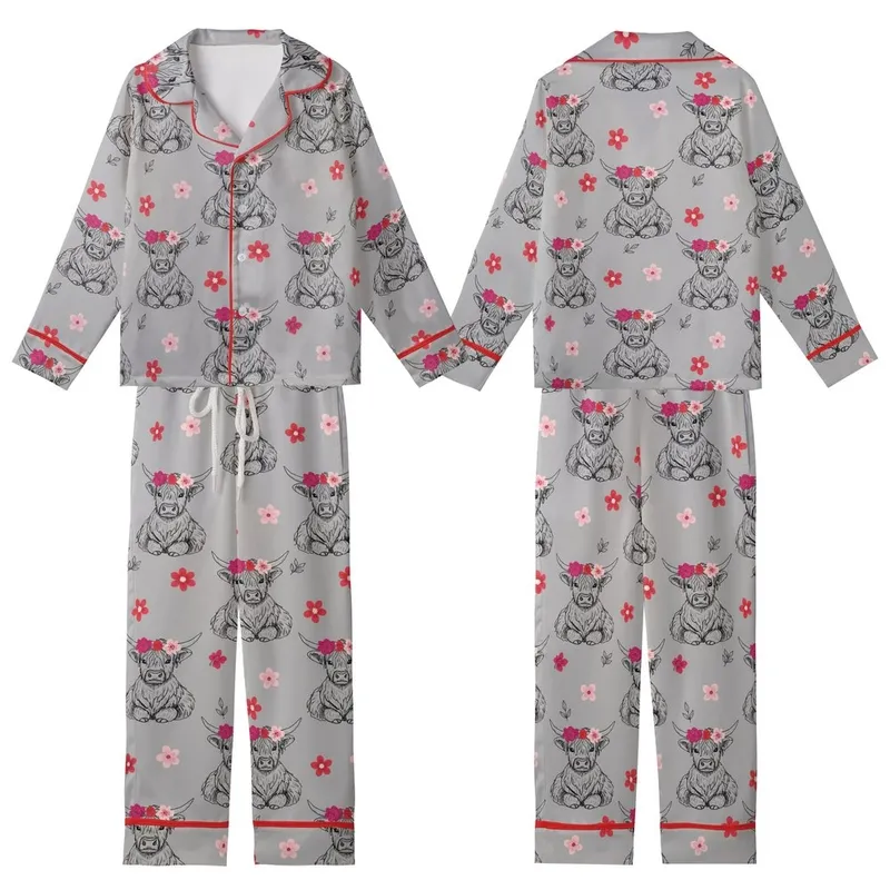 Whimsical Animal Lovers' Heather Grey Hand-Drawn Fluffy Highland Cow Flower Crown Fuchsia Pink Red Pattern Kid Satin Pajamas Set - 1