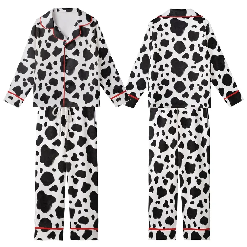 Modern Style Lovers' Illustrative Black White Organic Spot Cowhide Pattern Kid Satin Pajamas Set - 1