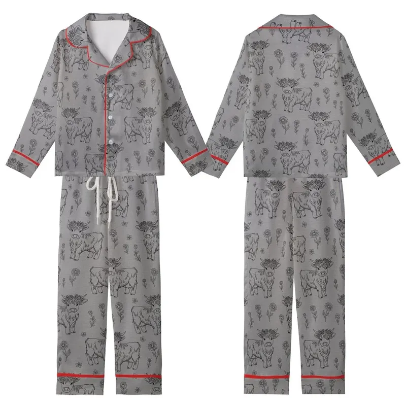 Whimsical Animal Lovers' Black Line Art Highland Cow Calves Floral Seamless Pattern on Heather Gray Kid Satin Pajamas Set - 1