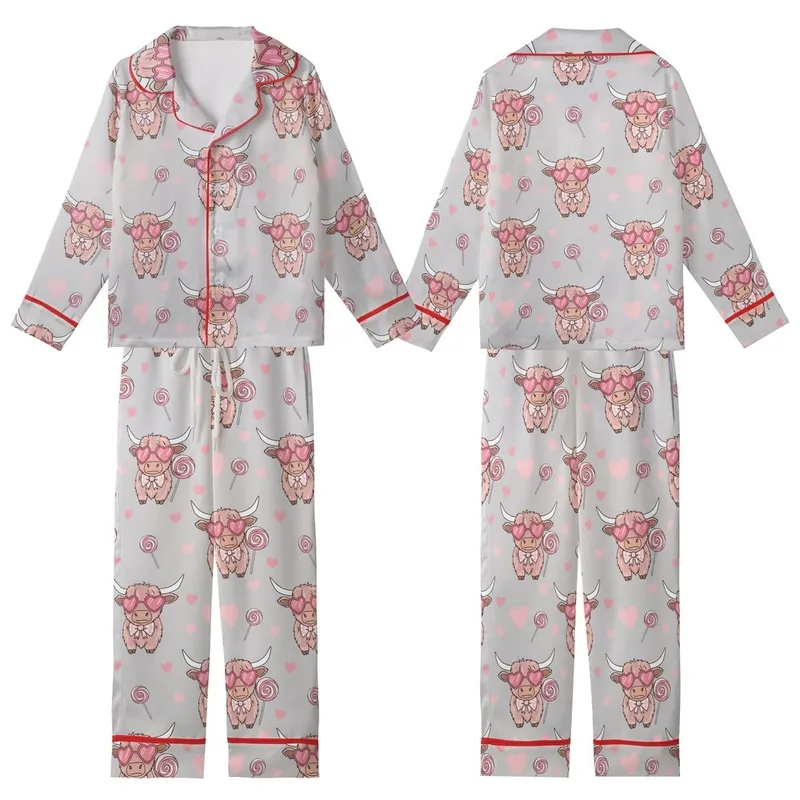 Cute Animal Lovers' Whimsical Pink Highland Cow Heart Sunglasses Bow Lollipop Seamless Pattern Kid Satin Pajamas Set - 1