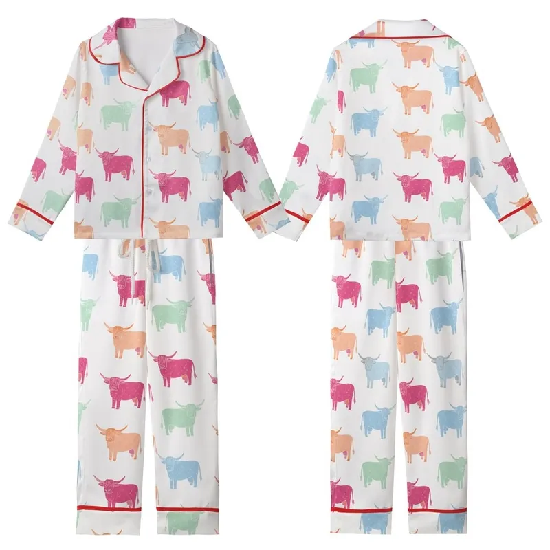 Highland Cow Fans' Whimsical Hand-Drawn Seamless Pattern Block Print Fuchsia Peach Mint Sky Blue Kid Satin Pajamas Set - 1