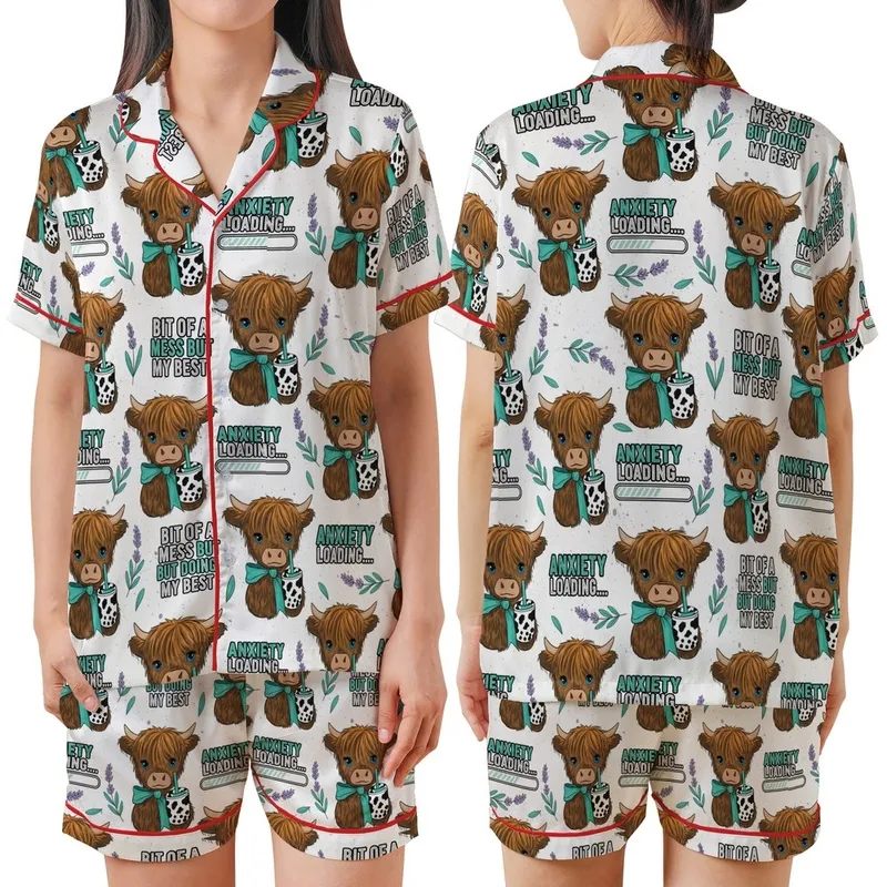 Whimsical Animal Lovers' Fluffy Highland Cow Boba Tea Lavender Caramel Teal Distressed Text Pattern Satin Short-Sleeve Pajamas Set - 1
