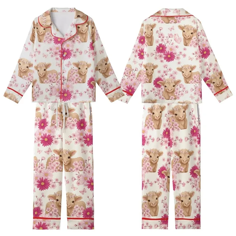 Whimsical Animal Lovers' Fluffy Baby Highland Cow Pink Floral Cream Illustration Kid Satin Pajamas Set - 1
