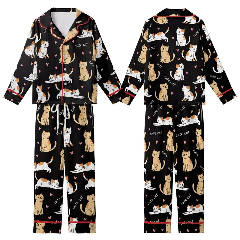 Cat Lovers' Whimsical Black Pattern with Tan & White Cartoon Cats, 'Cute Cat' Script, Pink Hearts Kid Satin Pajamas Set - 1