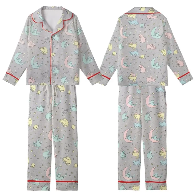 Whimsical Cat Lovers' Pastel Celestial Cats Moon Stars Planets Soft Grey Pattern Kid Satin Pajamas Set - 1