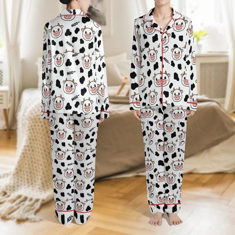 Animal Lovers' Whimsical Cartoon Cow Faces Pink Snouts Black Spots 'MOO~' White Pattern Satin Pajamas Set - 1