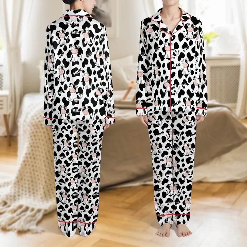 Cow Lovers' Playful Illustrative Cartoon Cows Black White Pink Scattered Spot Pattern with 'MILK' Text Satin Pajamas Set - 1
