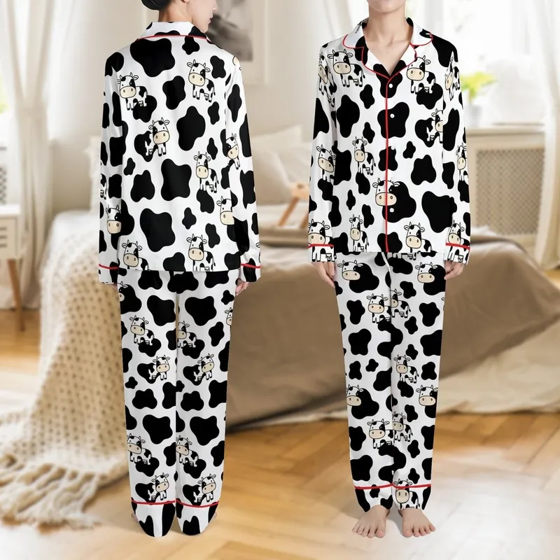 Animal Lovers' Whimsical Black & White Organic Cow Spot Pattern with Charming Cartoon Cows Satin Pajamas Set - 1