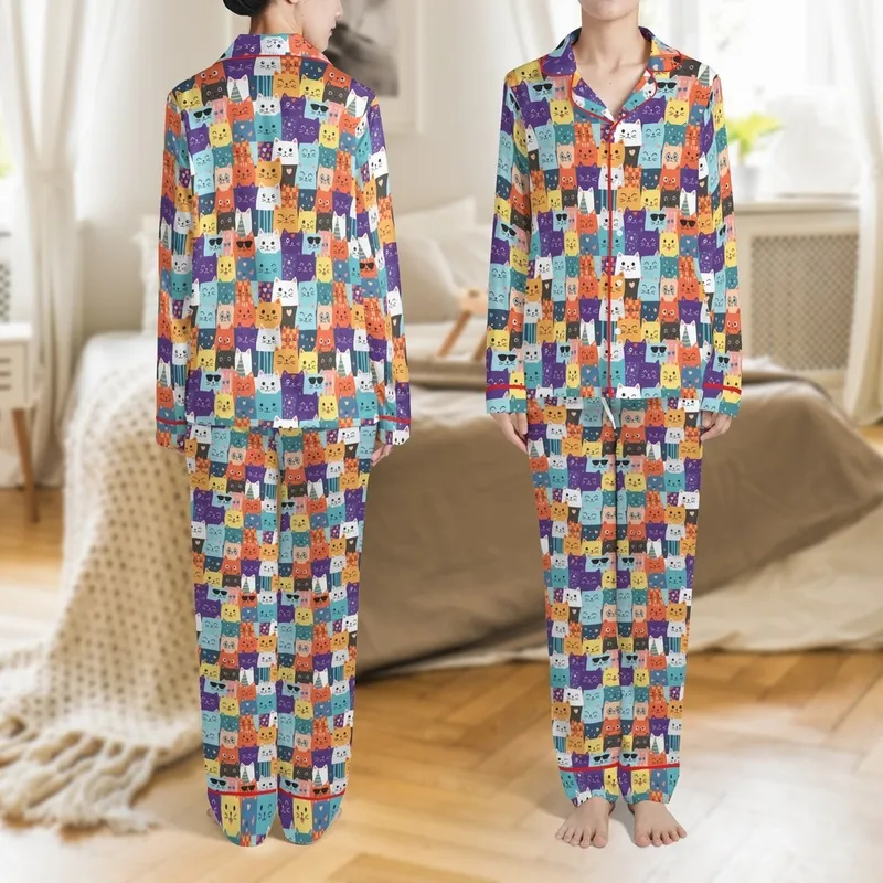 Cat Lovers' Whimsical Cartoon Cats Densely Packed Patchwork Pattern, Vibrant Tangerine Aqua Sky Blue Purple Yellow Satin Pajamas Set - 1