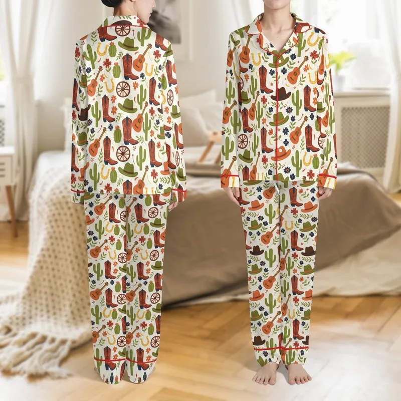 Western Enthusiasts' Whimsical Desert Folk Art Pattern: Cowboy Boots, Hats, Cacti, Guitars in Browns, Oranges, Greens Satin Pajamas Set - 1