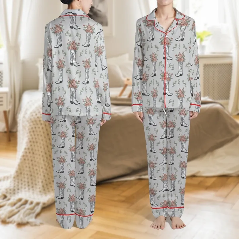 Women's Illustrative Metallic Silver-Grey Cowboy Boots Floral Pattern Muted Rose Pink Peach Sage Green Satin Pajamas Set - 1
