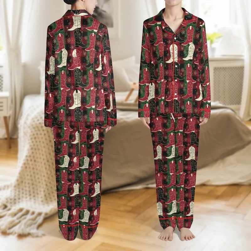 Western Lifestyle Deep Red Green Buffalo Plaid Cowboy Boots Gold Star Snowflake Pattern Satin Pajamas Set - 1