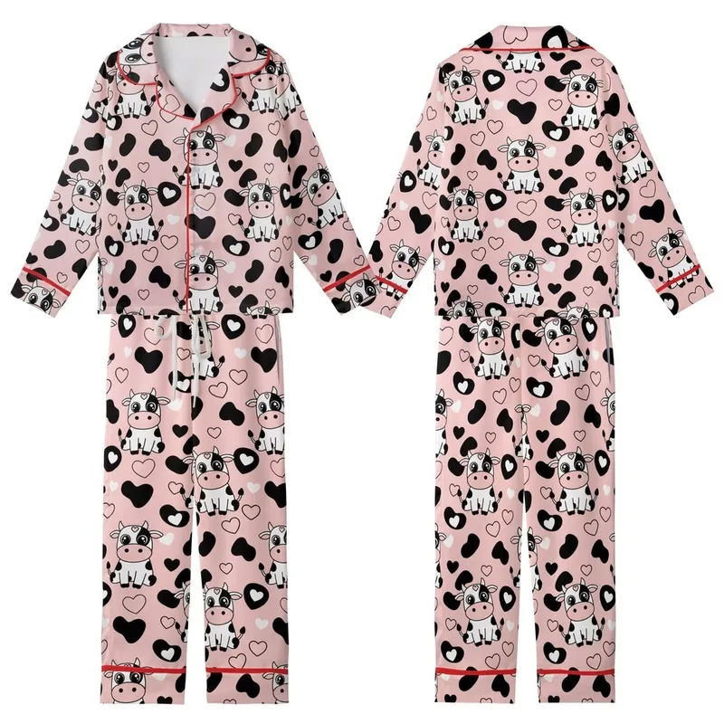 Cute Style Enthusiasts' Playful Cartoon Cow Pastel Pink Black White Cow Print Heart Spot Pattern Kid Satin Pajamas Set - 1