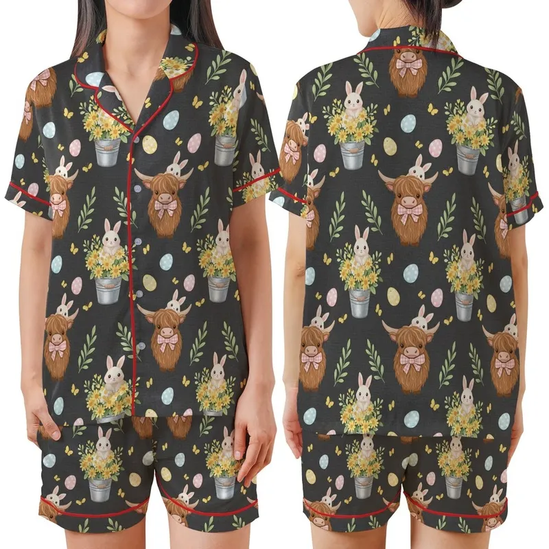 Whimsical Animal Lovers' Fluffy Brown Highland Cow Bunny Pink Bow Yellow Daisy Pastel Easter Egg Pattern on Dark Gray Satin Short-Sleeve Pajamas Set - 1