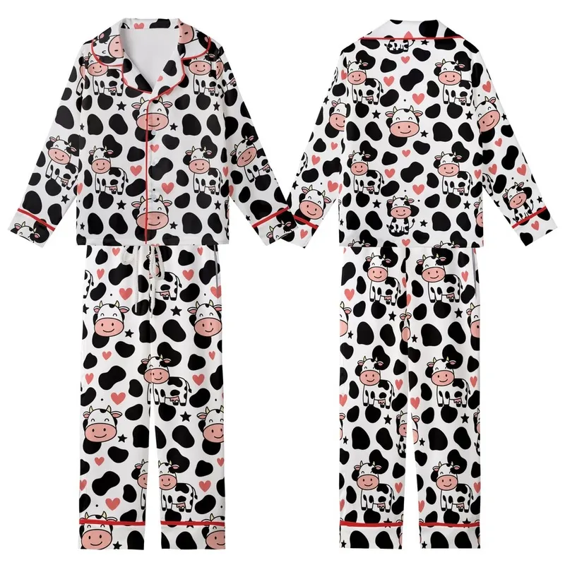 Cow Lovers' Playful Pure White Black Pink Cartoon Cows Spots Hearts Stars Pattern Kid Satin Pajamas Set - 1