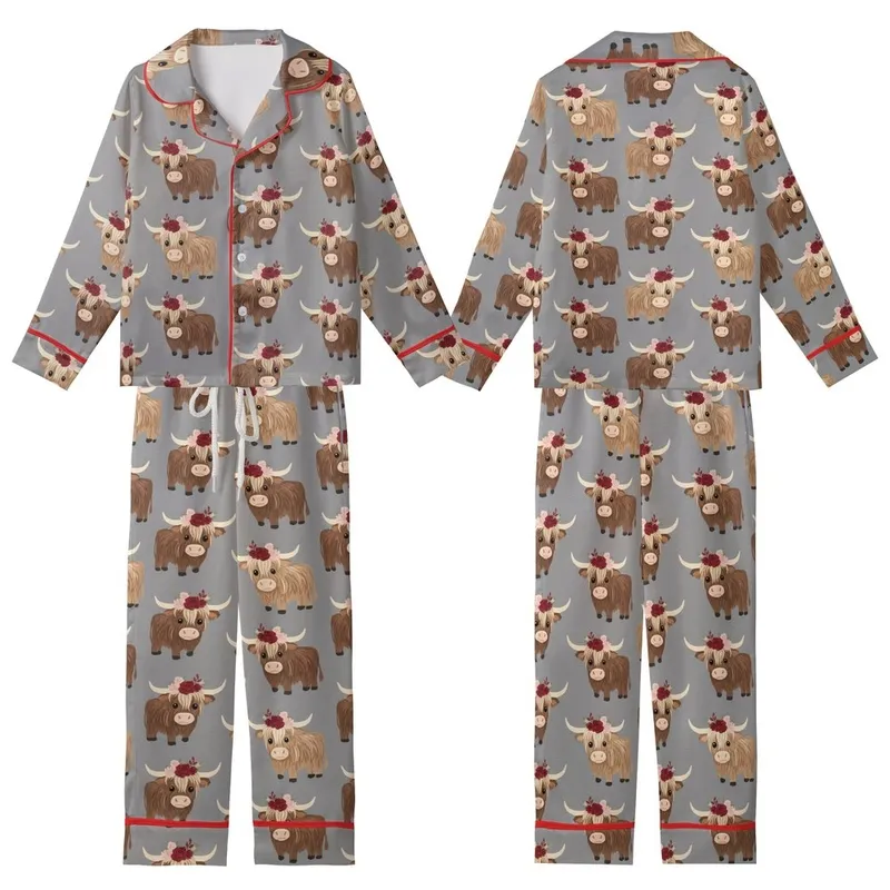 Highland Cow Lovers' Whimsical Shaggy Brown Cow Red Pink Floral Crown Heather Grey Print Kid Satin Pajamas Set - 1